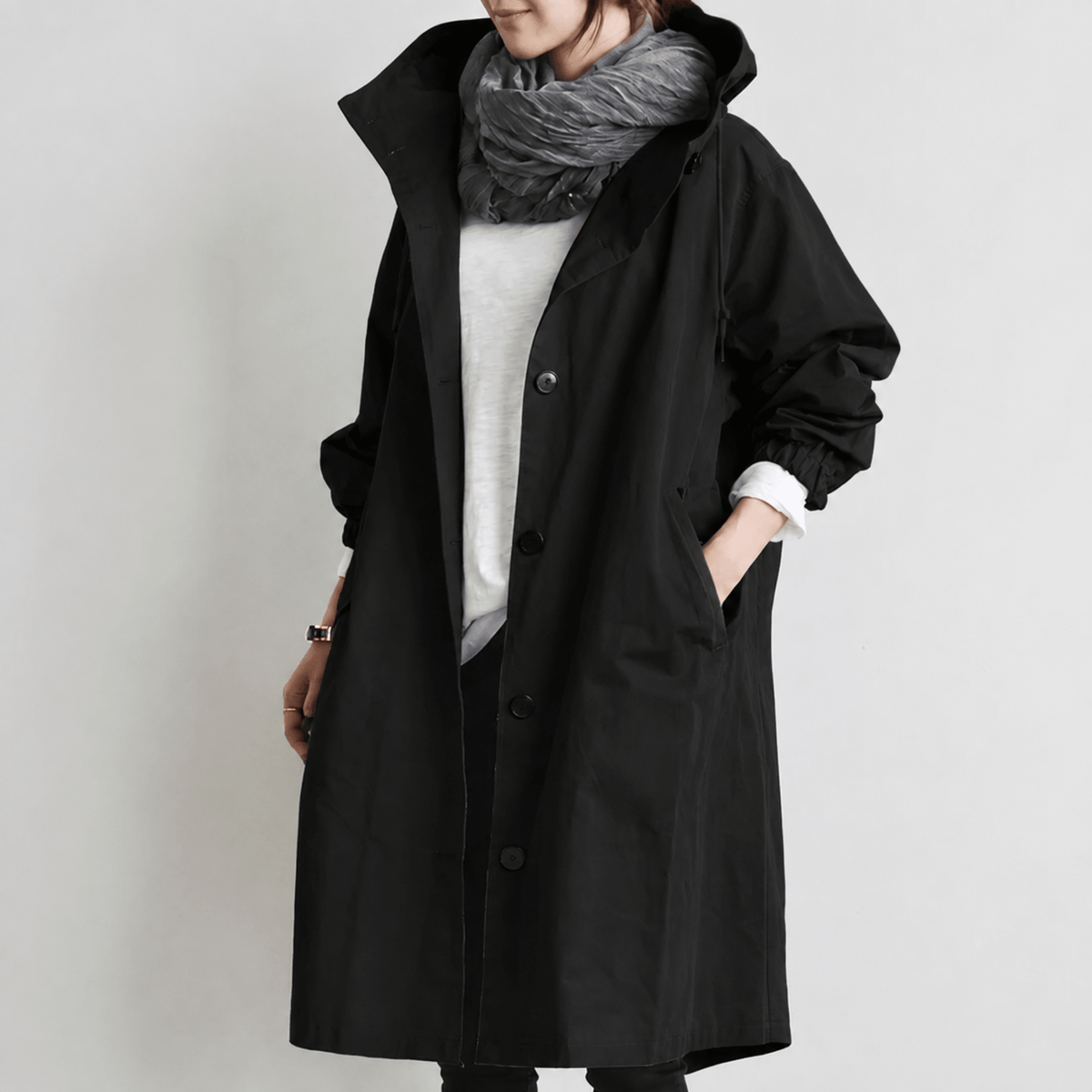 Freya - Women's Hooded Longline Trench Coat with Drawstring Hoodie - Trench Coats - Black - Parker&Brooks