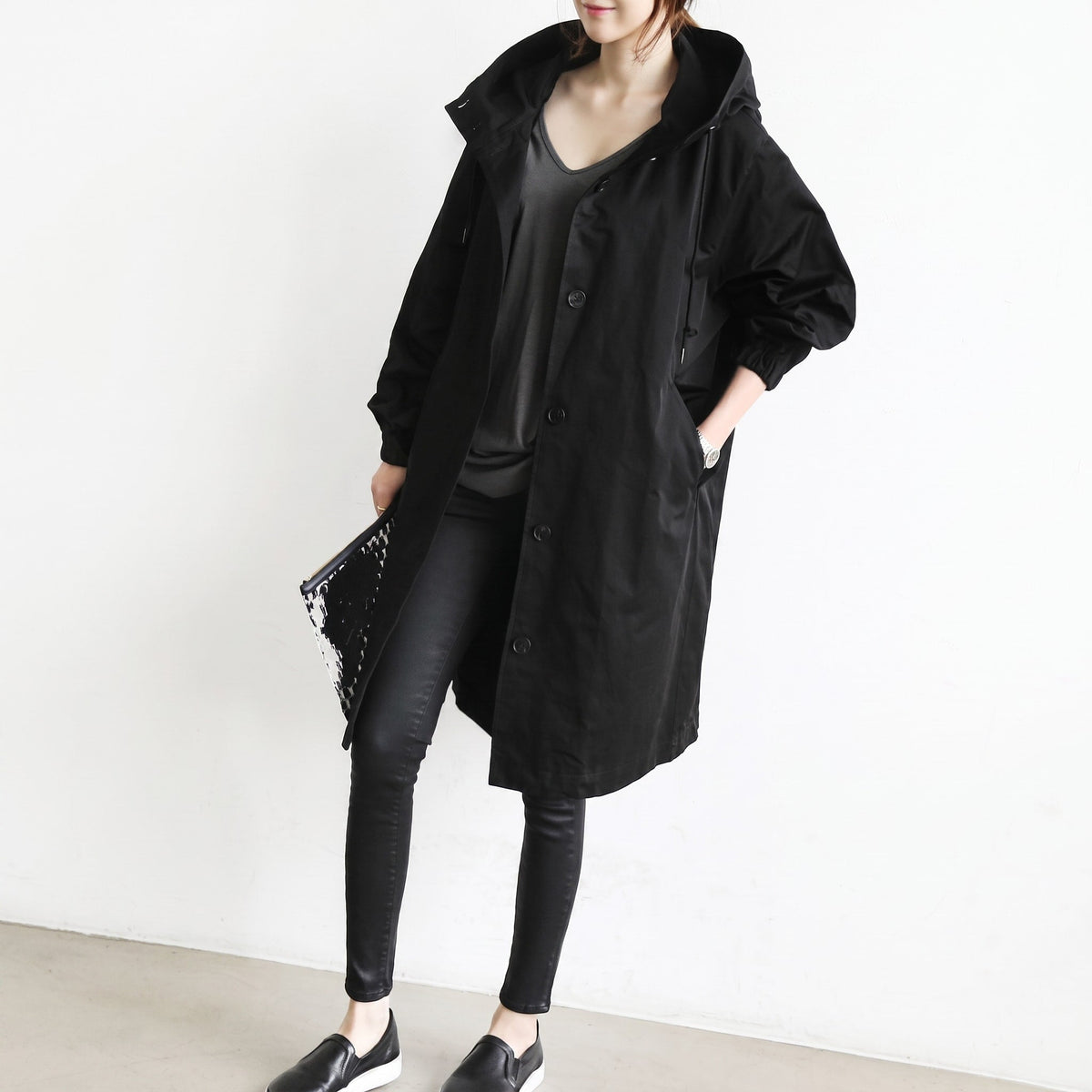 Freya - Women's Hooded Longline Trench Coat with Drawstring Hoodie - Trench Coats - Black - Parker&Brooks