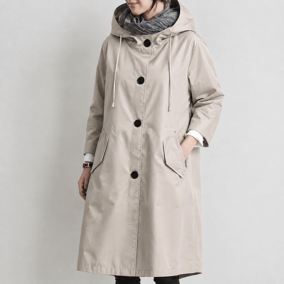 Freya - Women's Hooded Longline Trench Coat with Drawstring Hoodie - Trench Coats - Khaki - Parker&Brooks