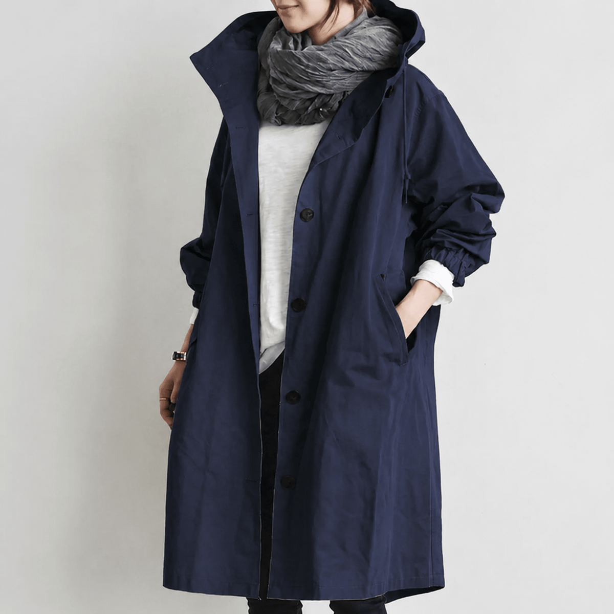 Freya - Women's Hooded Longline Trench Coat with Drawstring Hoodie - Trench Coats - Navy Blue - Parker&Brooks