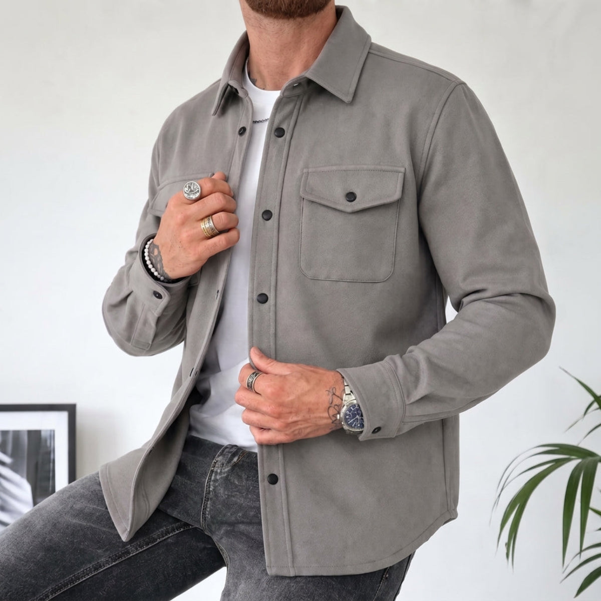 Friedrich - Men's Relaxed Fit Shirt Jacket with Dual Chest Pockets - Shirts - Gray - Parker&Brooks