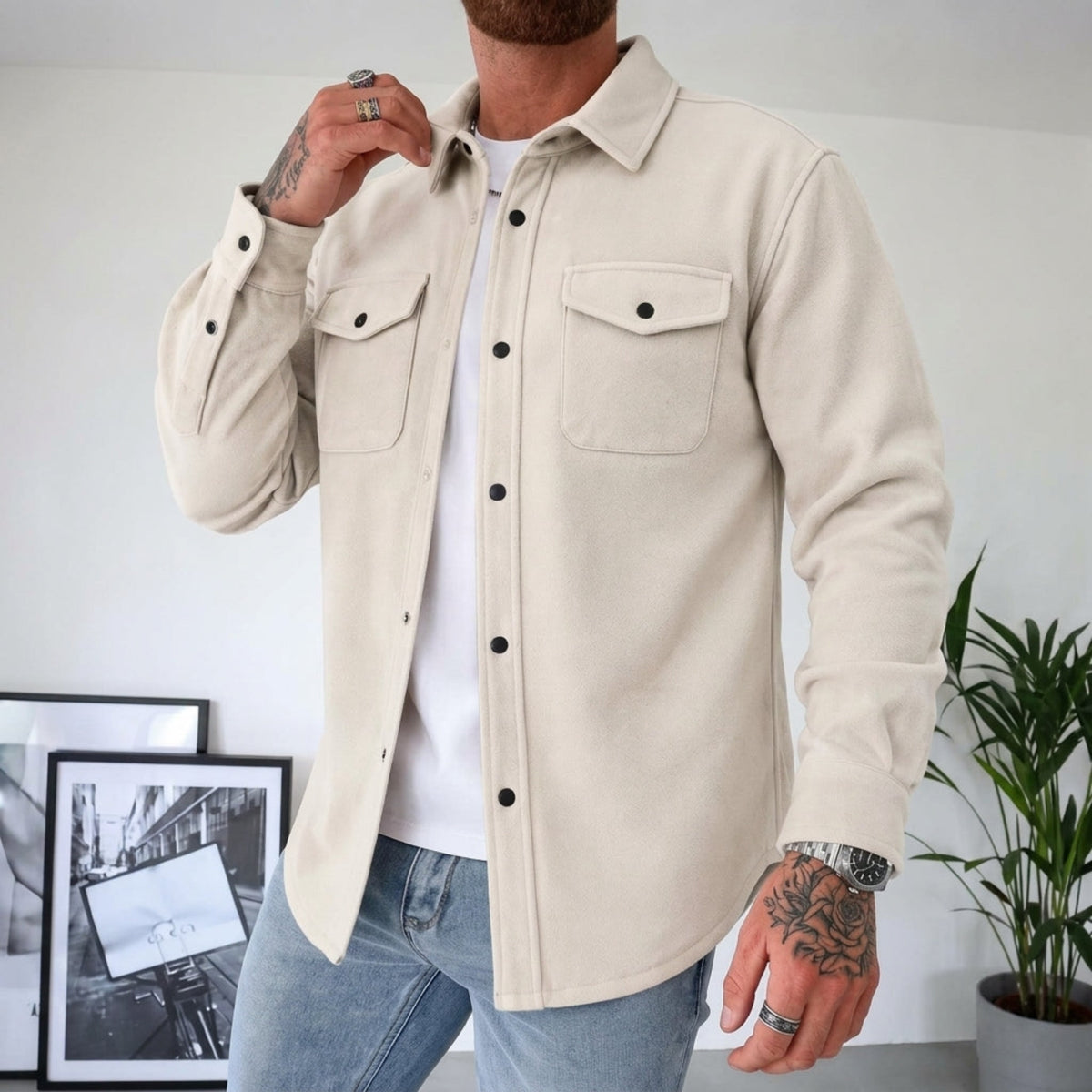 Friedrich - Men's Relaxed Fit Shirt Jacket with Dual Chest Pockets - Shirts - Cream - Parker&Brooks