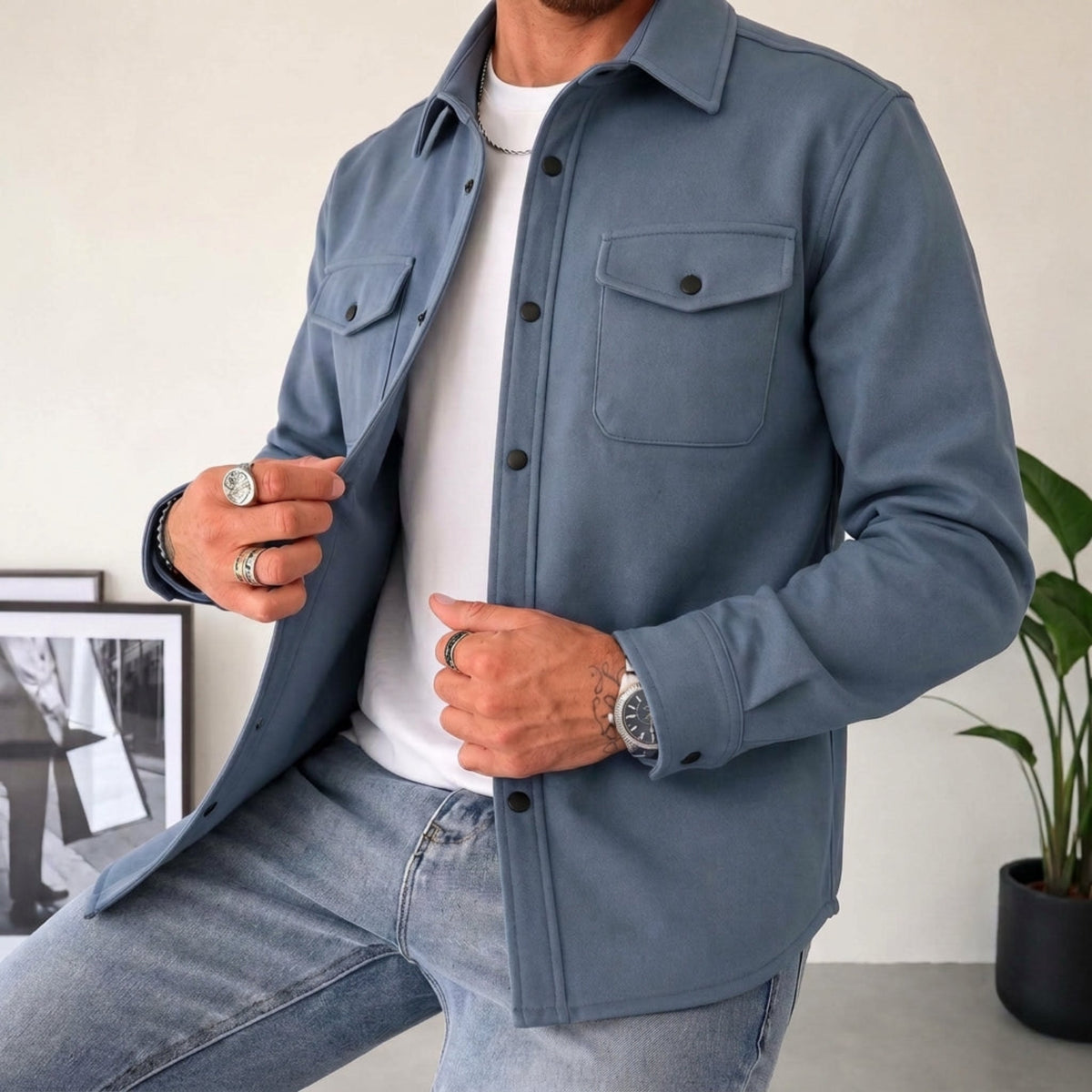 Friedrich - Men's Relaxed Fit Shirt Jacket with Dual Chest Pockets - Shirts - Blue - Parker&Brooks