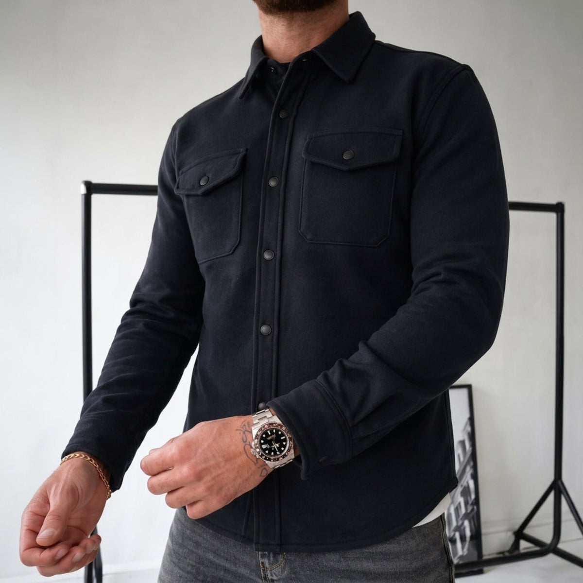 Friedrich - Men's Relaxed Fit Shirt Jacket with Dual Chest Pockets - Shirts - Black - Parker&Brooks
