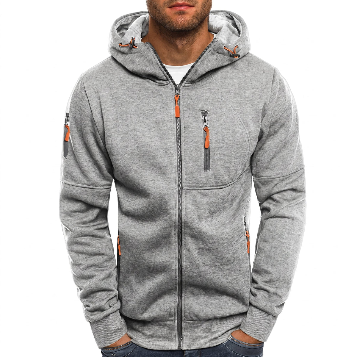 Friedrich - Men's Ribbed Cuff Multi-Pocket Contrast Zip Hoodie - Hoodies - Light Gray - Parker&Brooks