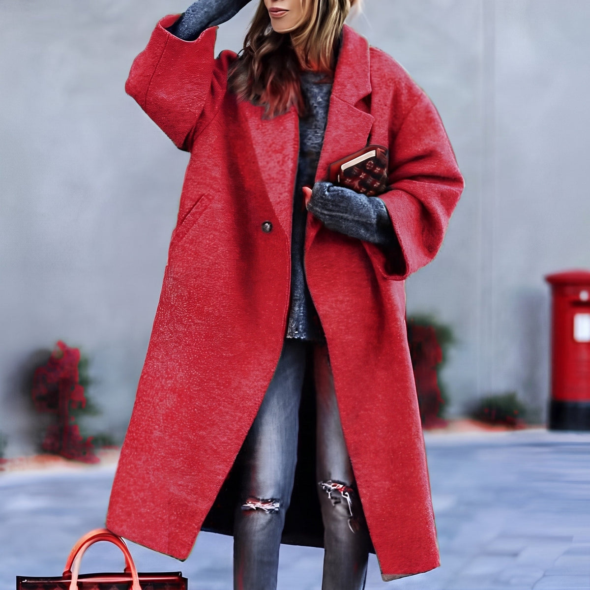 Gabriela - Women's Oversized Longline Wool Coat with Notched Lapel - Coats & Jackets - Red - Sarvento