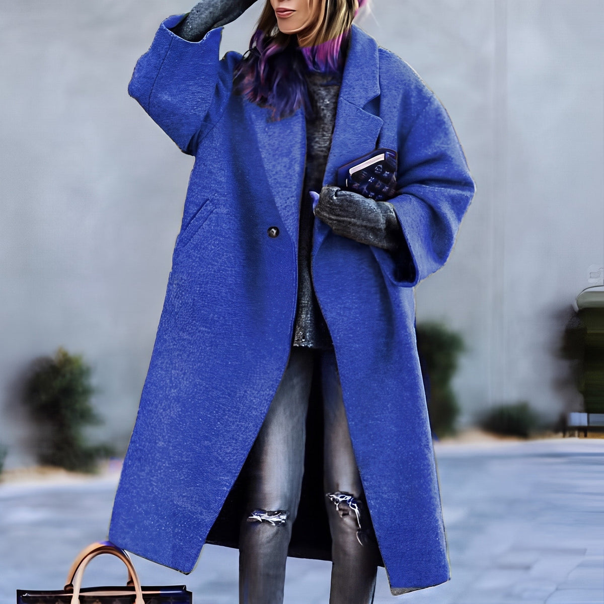 Gabriela - Women's Oversized Longline Wool Coat with Notched Lapel - Coats & Jackets - Blue - Sarvento