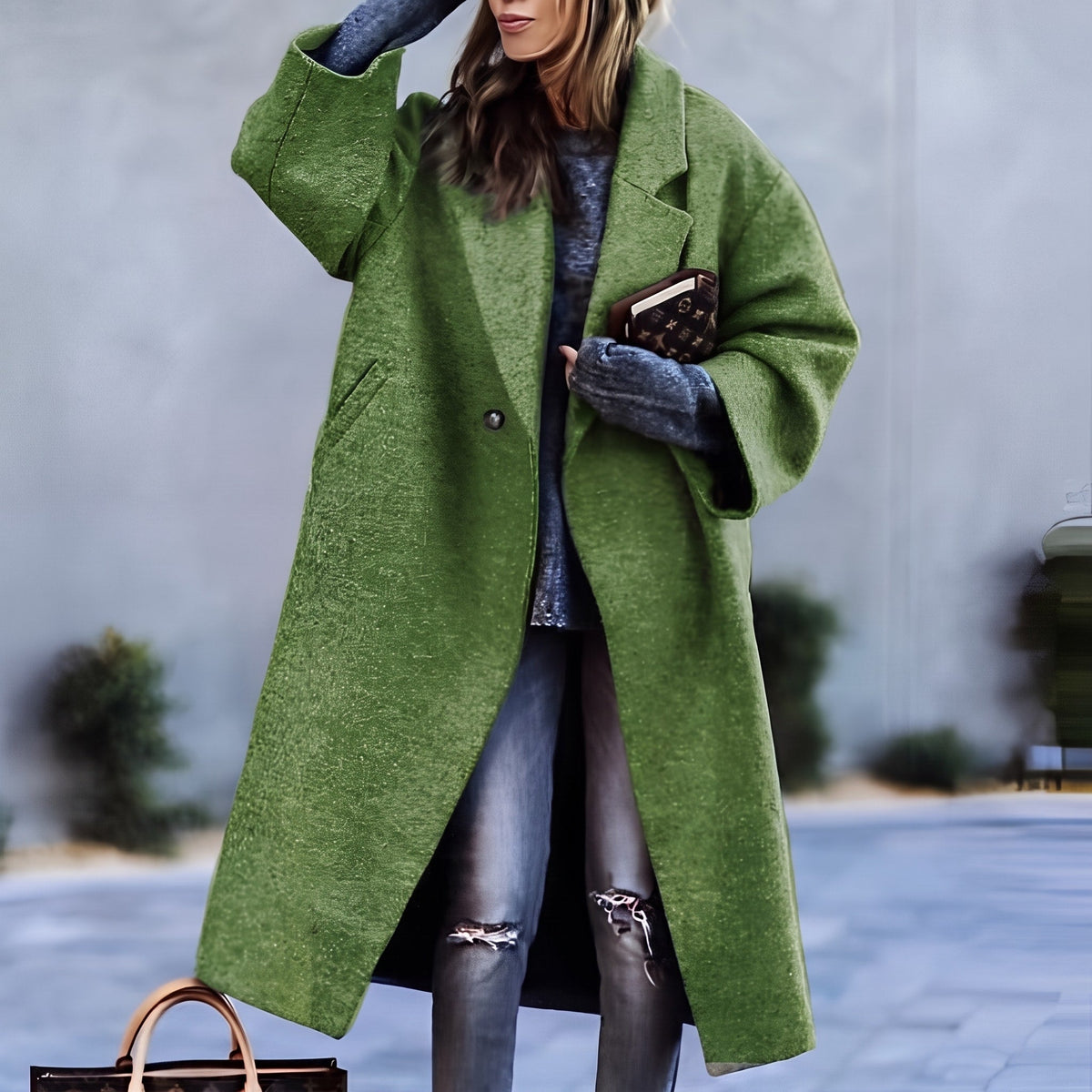 Gabriela - Women's Oversized Longline Wool Coat with Notched Lapel - Coats & Jackets - Green - Sarvento