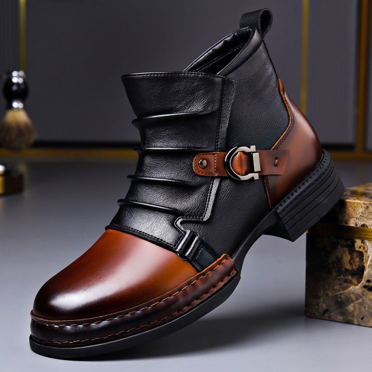 George - Men's Gradient Ankle Boots with Buckle Strap - Boots - Black - Parker&Brooks