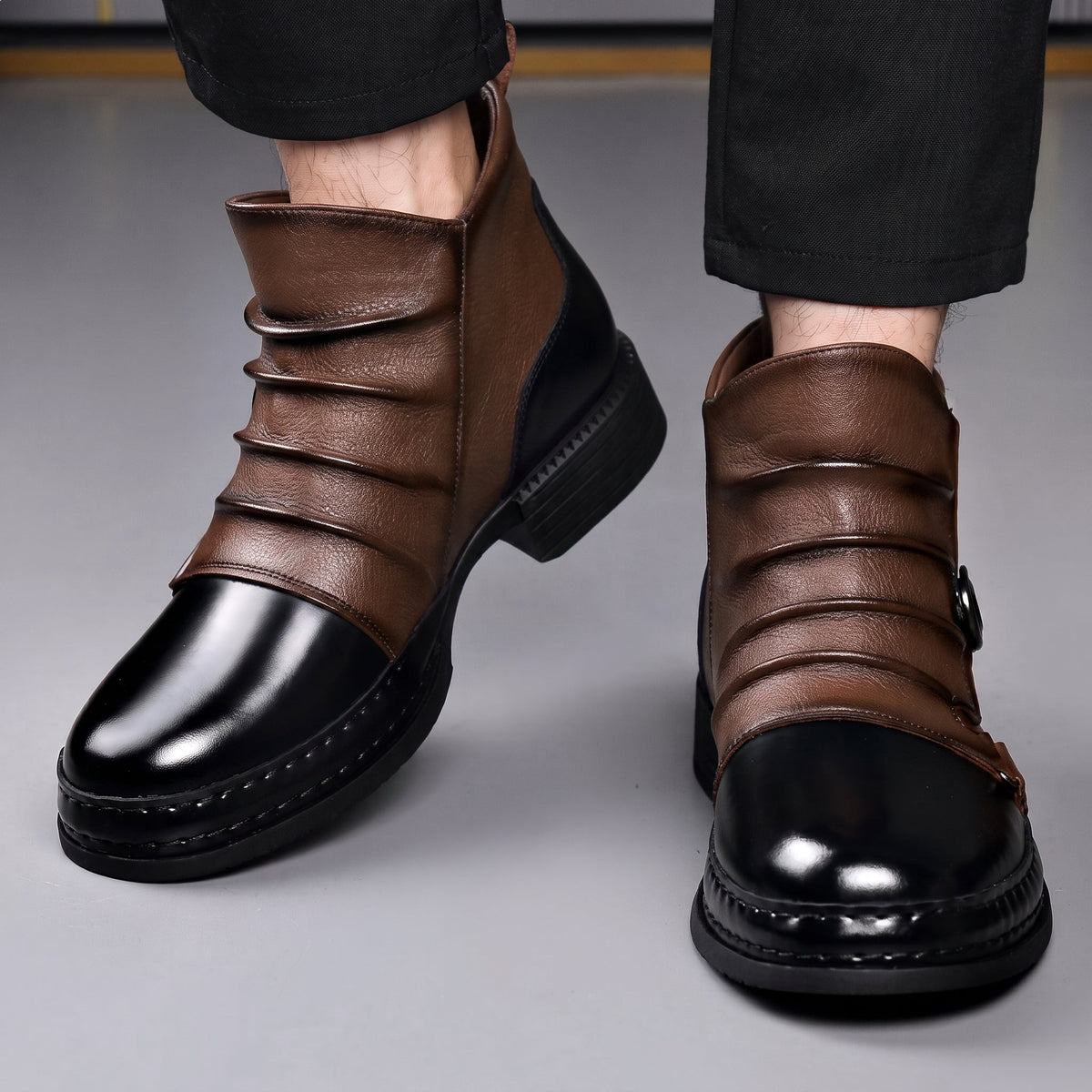George - Men's Gradient Ankle Boots with Buckle Strap - Boots - Brown - Parker&Brooks