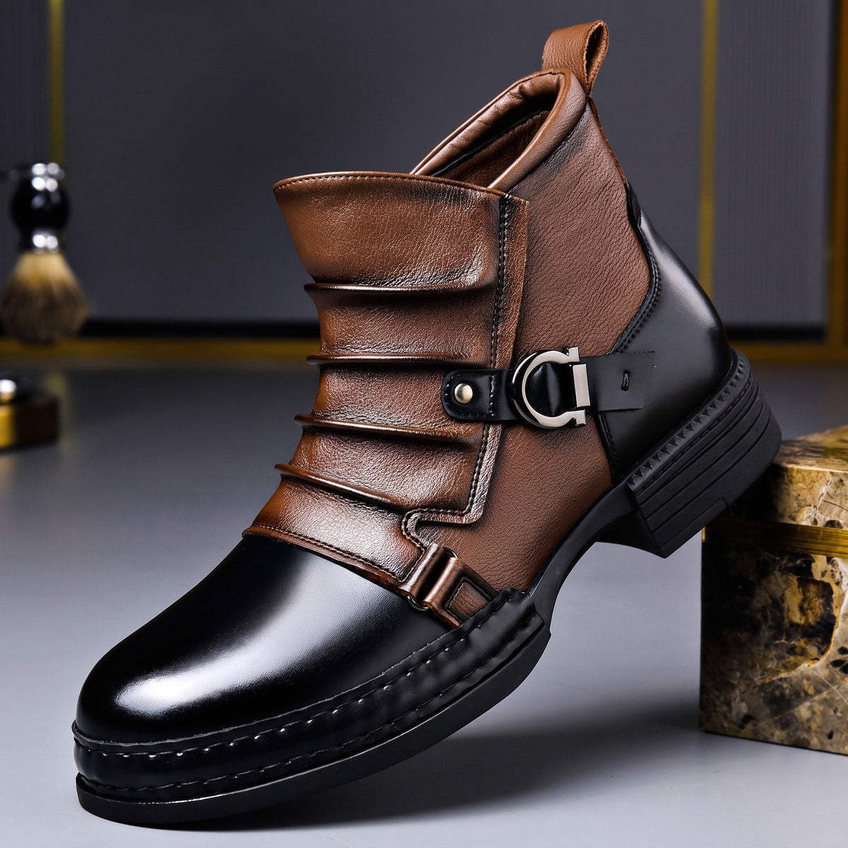George - Men's Gradient Ankle Boots with Buckle Strap - Boots - Brown - Parker&Brooks