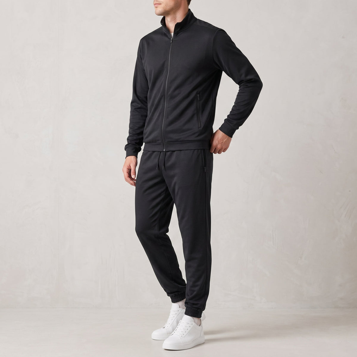 George - Men's Two-Piece Zip-Up Tracksuit Set with Stand Collar - Outfit Sets - Black - Parker&Brooks