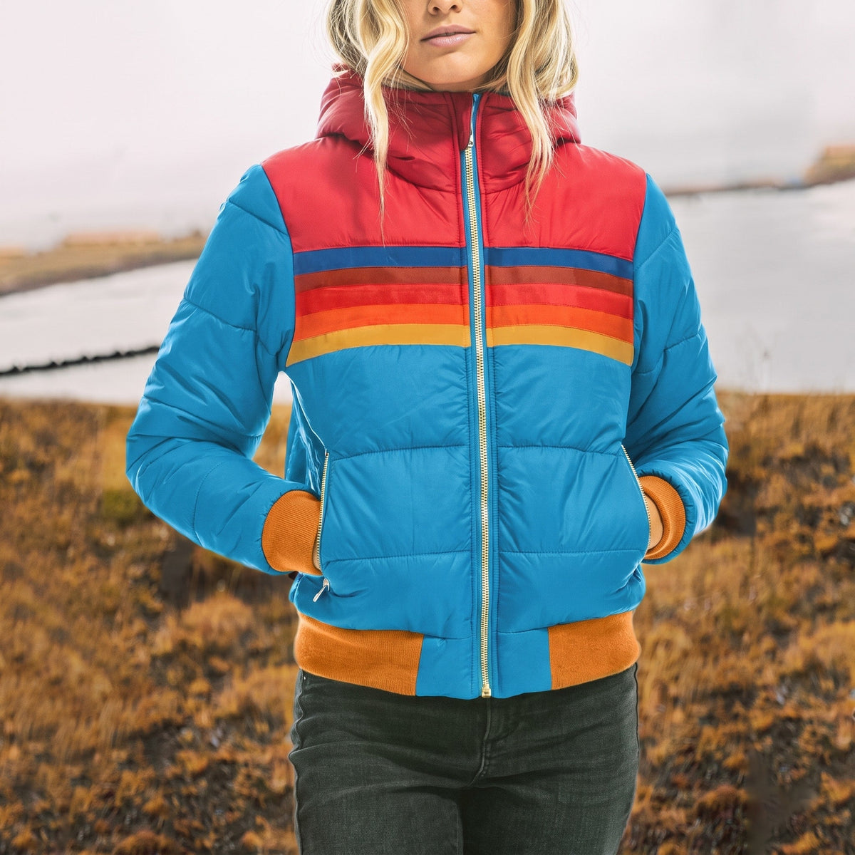 Georgia - Women's Hooded Striped Color-Block Puffer Jacket with Zip Pockets - Puffer Jacket - Blue - Sarvento