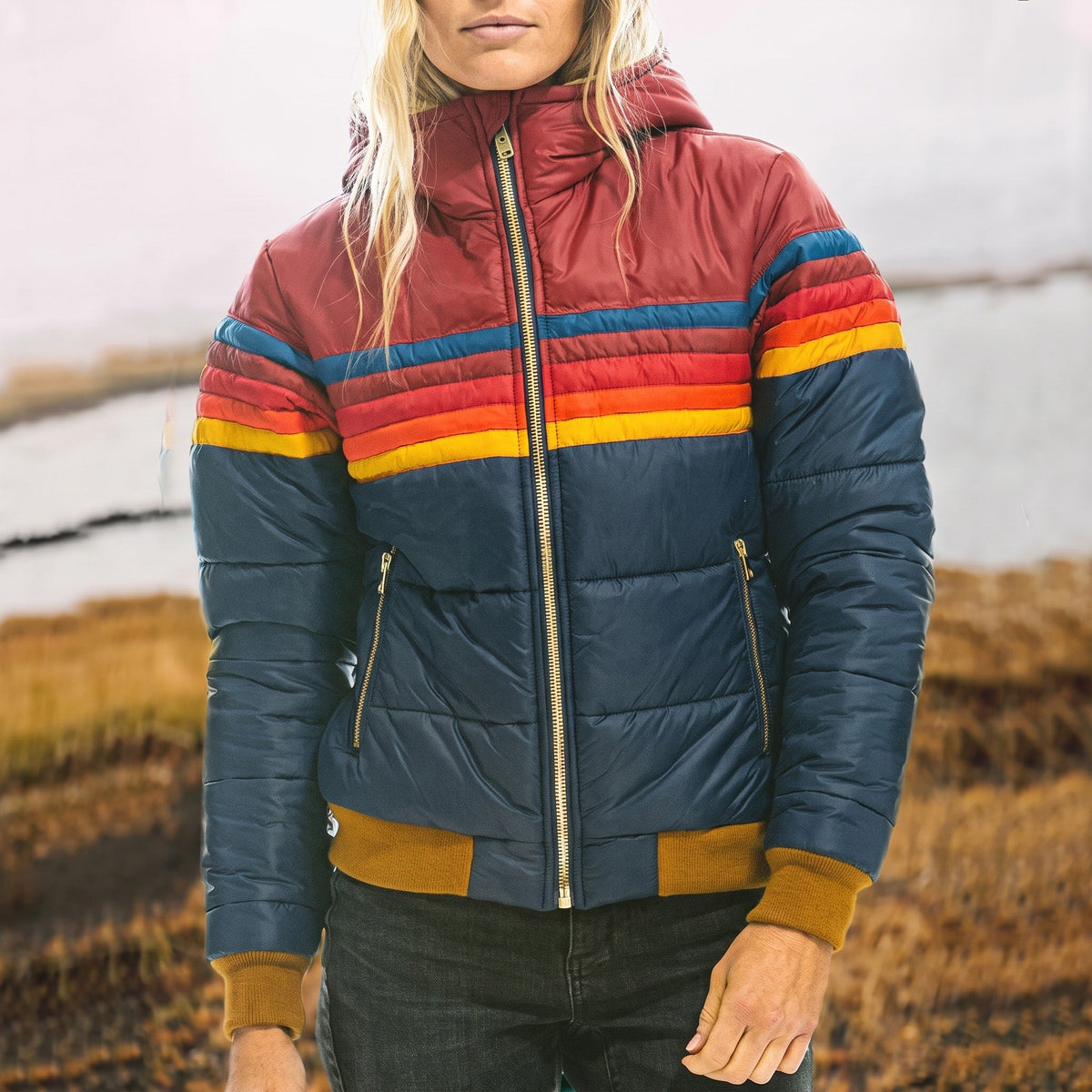 Georgia - Women's Hooded Striped Color-Block Puffer Jacket with Zip Pockets - Puffer Jacket - Navy Blue - Sarvento