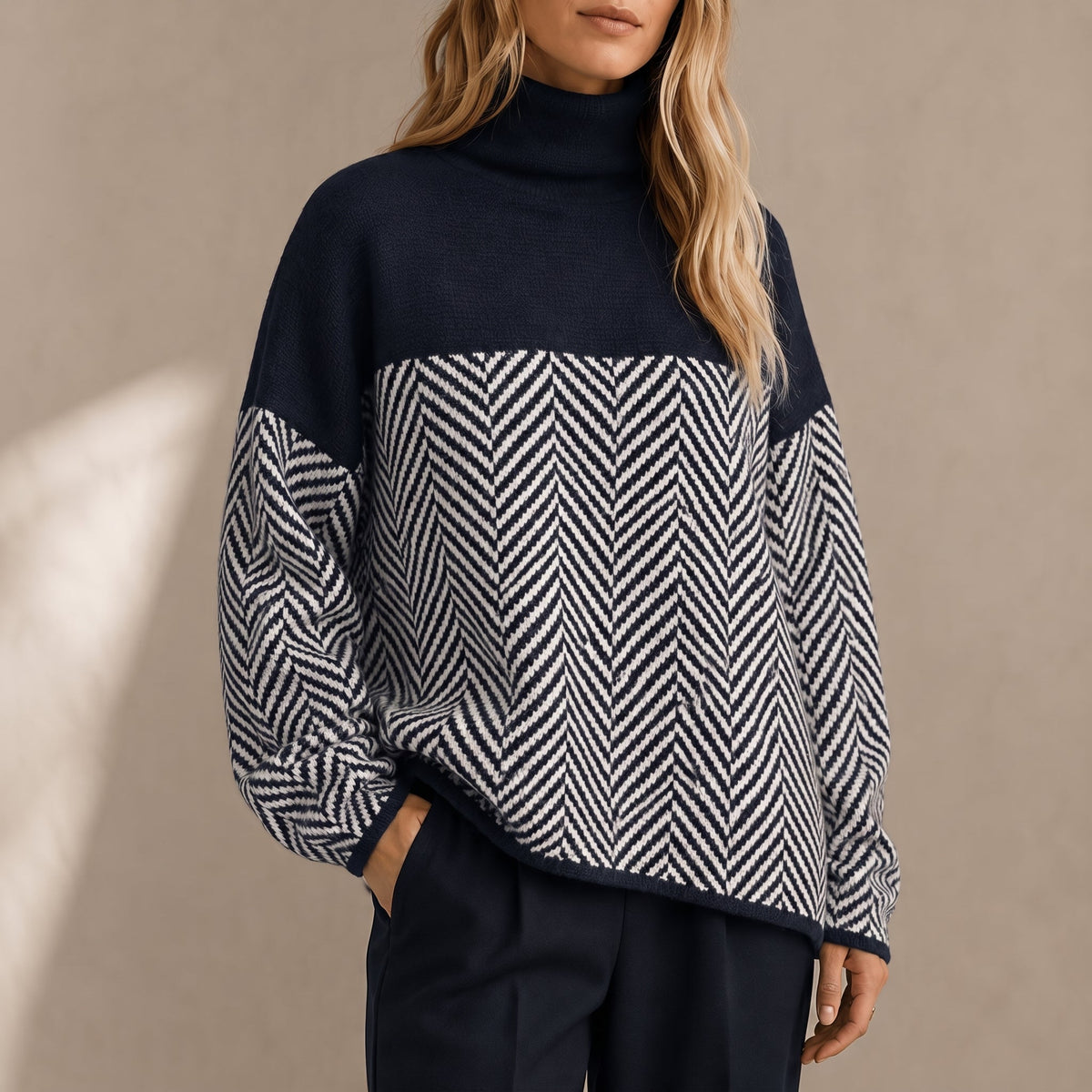 Grace - Women's Chevron Turtleneck Sweater with Color-Block Design - Sweaters - Navy Blue - Parker&Brooks
