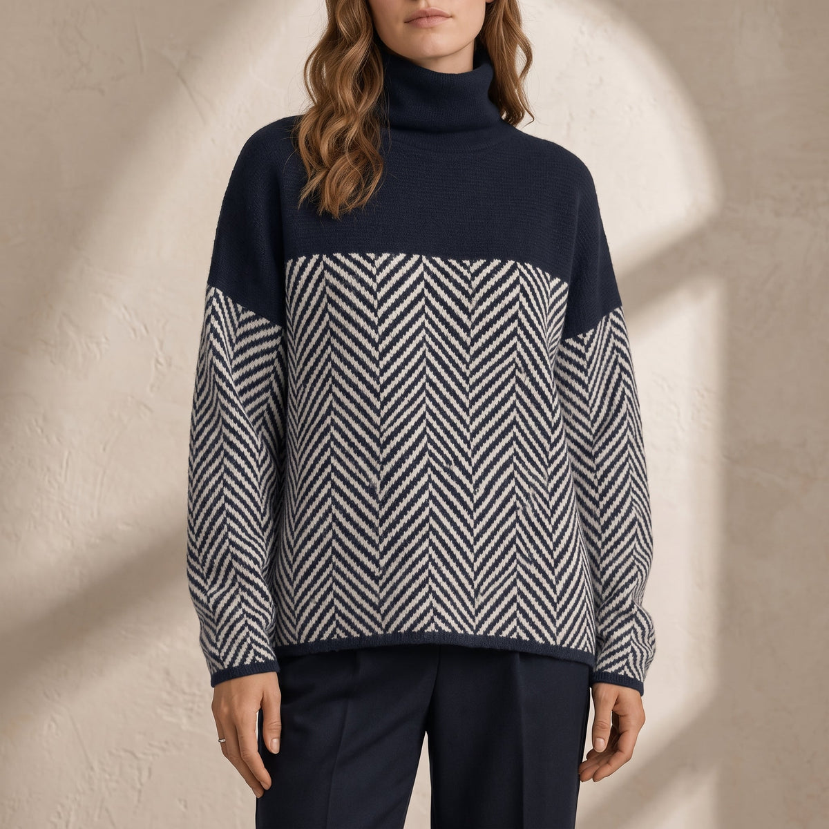 Grace - Women's Chevron Turtleneck Sweater with Color-Block Design - Sweaters - Navy Blue - Parker&Brooks