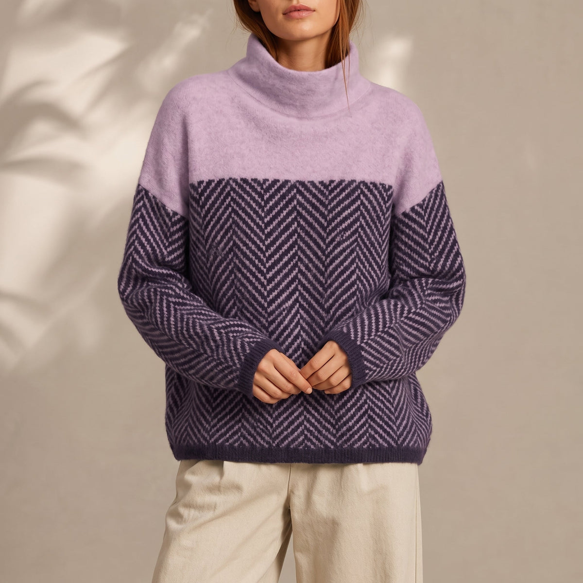 Grace - Women's Chevron Turtleneck Sweater with Color-Block Design - Sweaters - Purple - Parker&Brooks