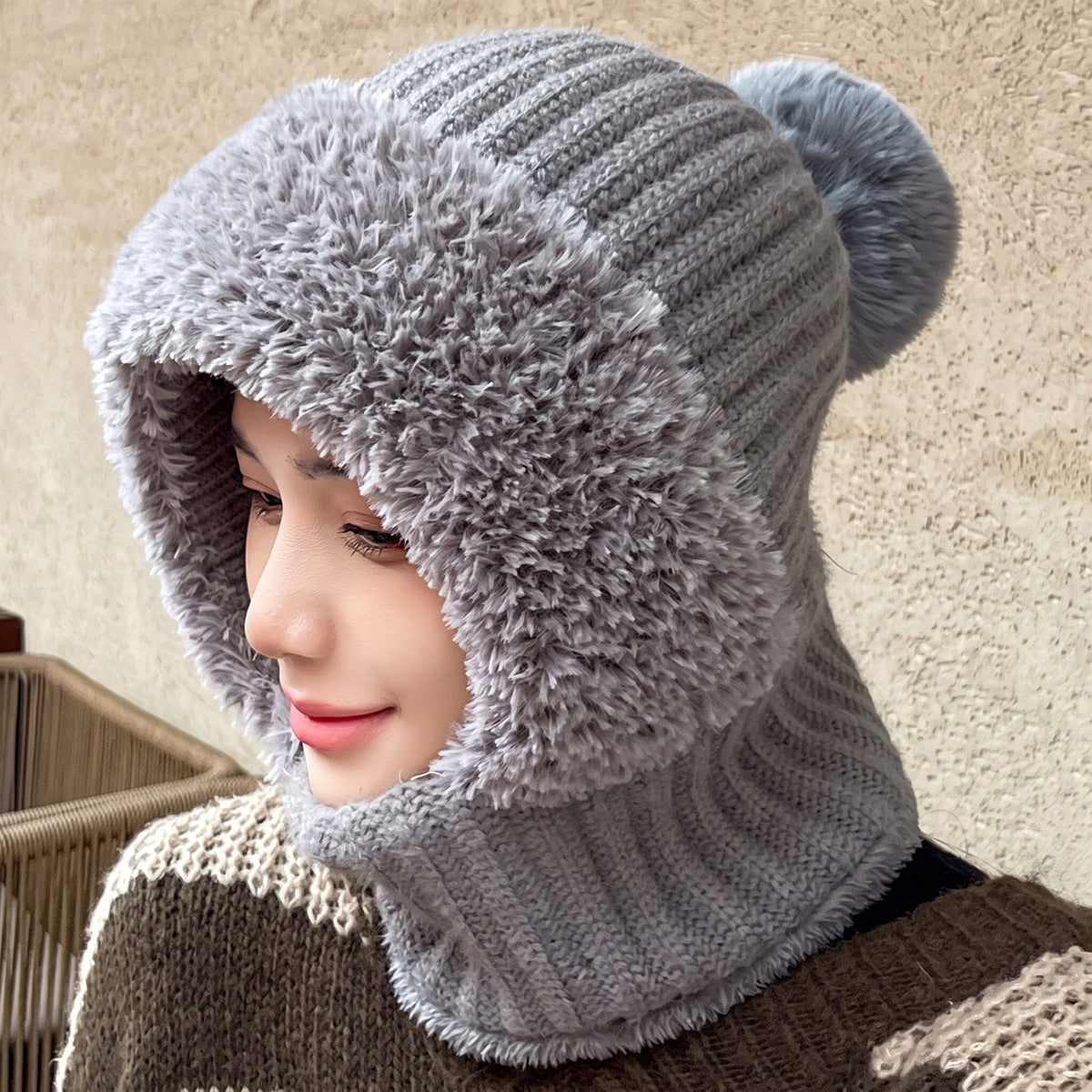 Hannah - Women's Pom-Pom Hooded Balaclava Hat with Scarf - Balaclavas - Gray - Sarvento