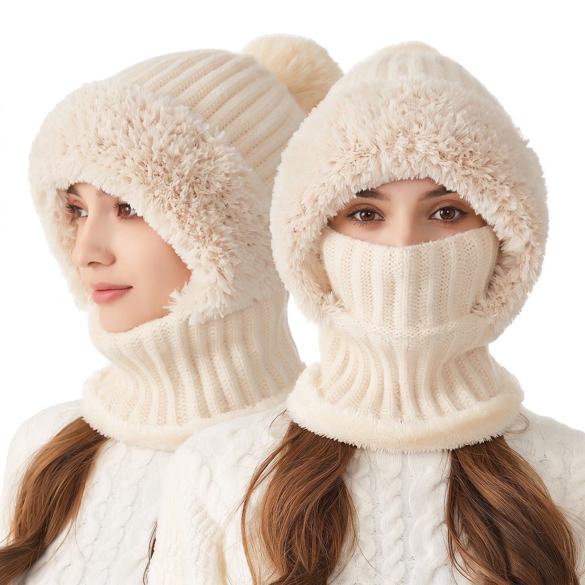 Hannah - Women's Pom-Pom Hooded Balaclava Hat with Scarf - Balaclavas - Beige - Sarvento