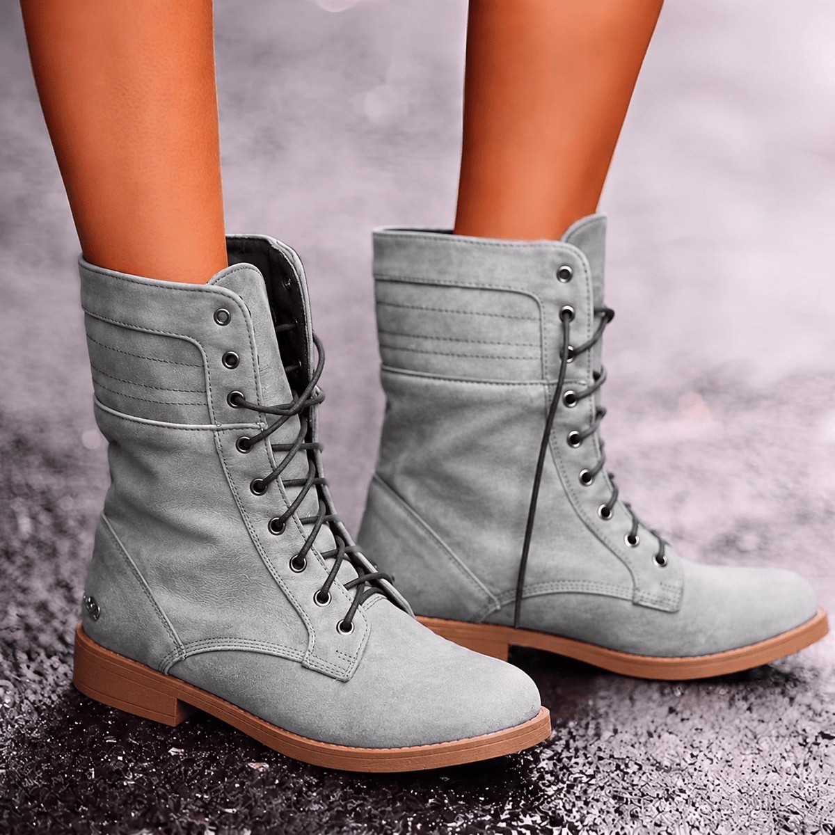 Harlow - Women's Lace-Up Combat Boots with Fold-Over Cuff - Boots - Gray - Parker&Brooks