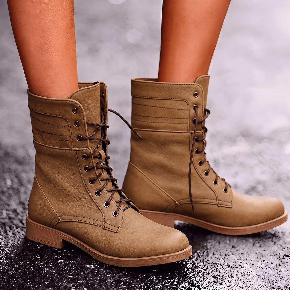Harlow - Women's Lace-Up Combat Boots with Fold-Over Cuff - Boots - Brown - Parker&Brooks
