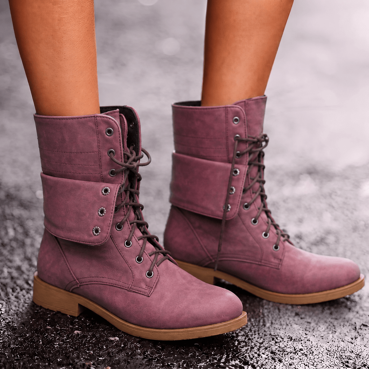 Harlow - Women's Lace-Up Combat Boots with Fold-Over Cuff - Boots - Pink - Parker&Brooks