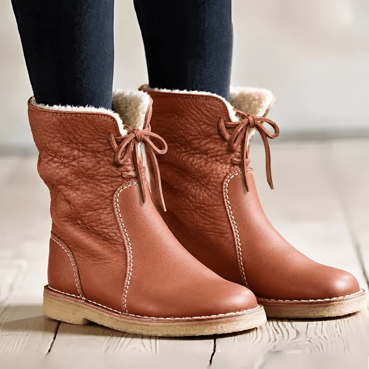 Harper - Women's Shearling Trim Lace-Up Slouch Snow Boots - Boots - Light Brown - Sarvento