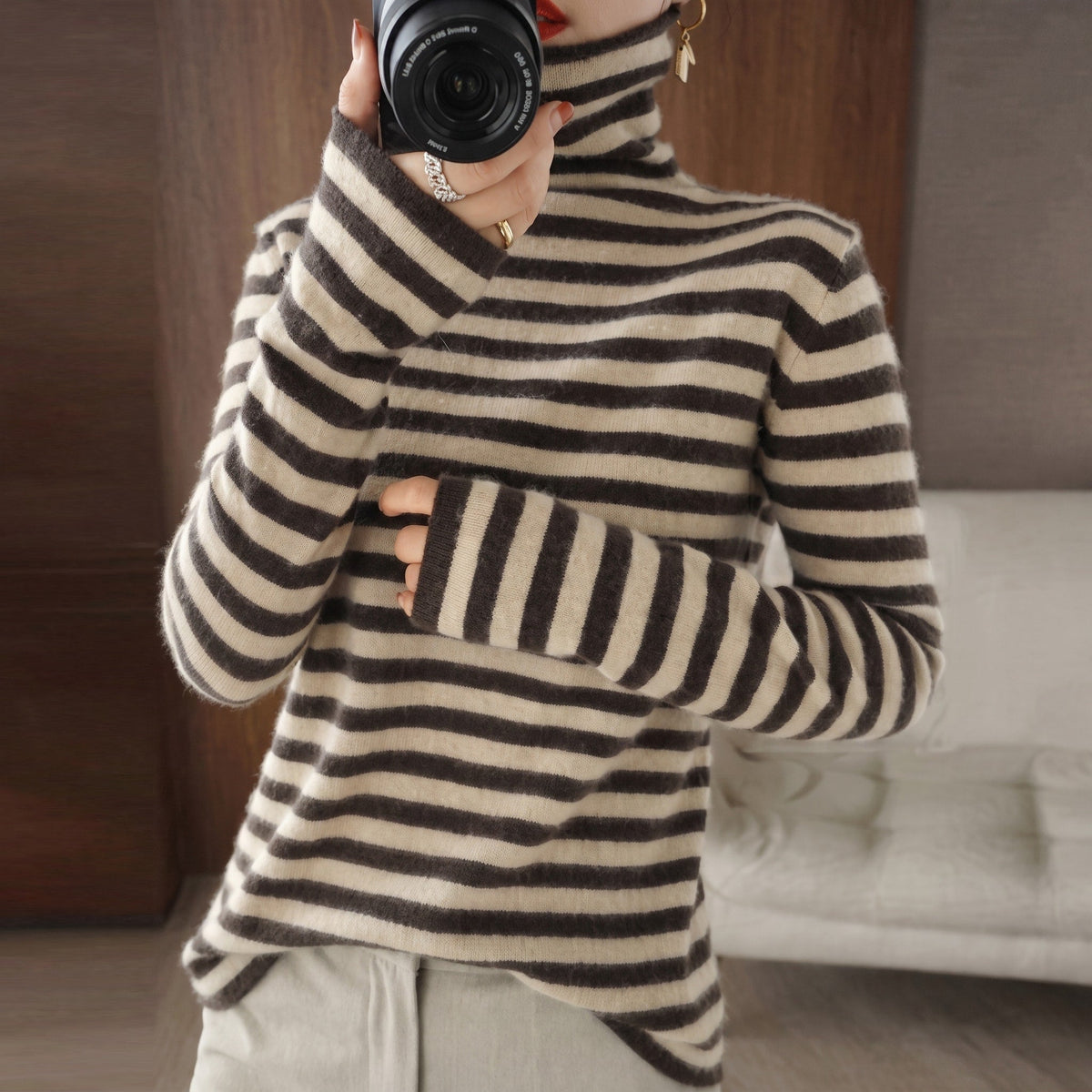 Harper - Women's Striped Turtleneck Sweater with Ribbed Cuffs - Sweaters - Brown - Parker&Brooks