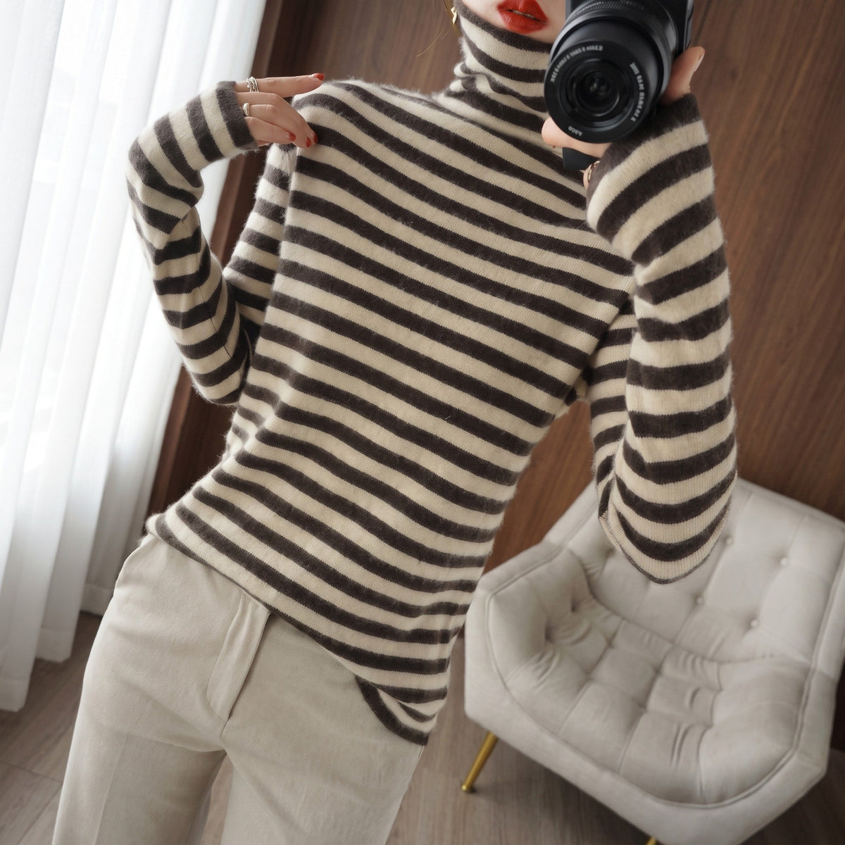 Harper - Women's Striped Turtleneck Sweater with Ribbed Cuffs - Sweaters - Brown - Parker&Brooks