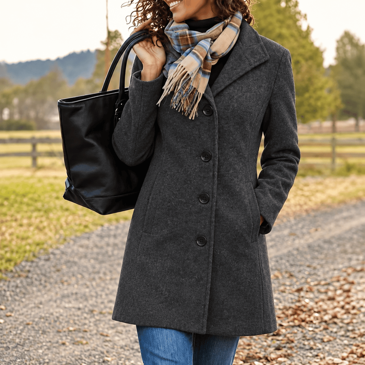 Harper - Women's Tailored Longline Wool-Look Coat with Button Front - Overcoats - Black - Parker&Brooks