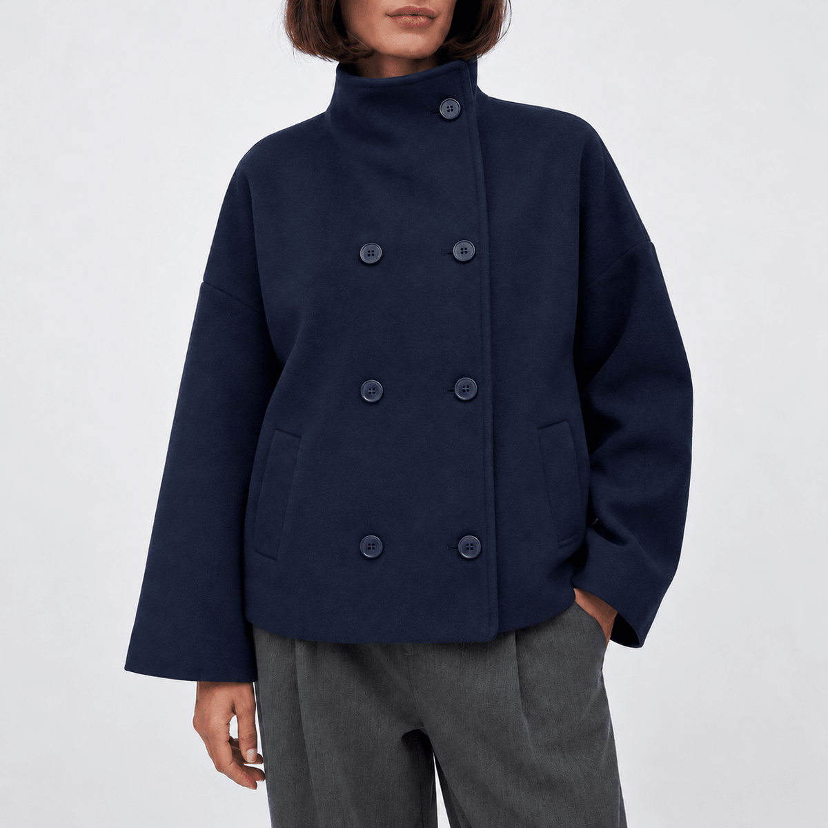 Harriet – Women’s Oversized Wide Collar Double-Breasted Cropped Jacket - Pea Coats - Navy - Sarvento
