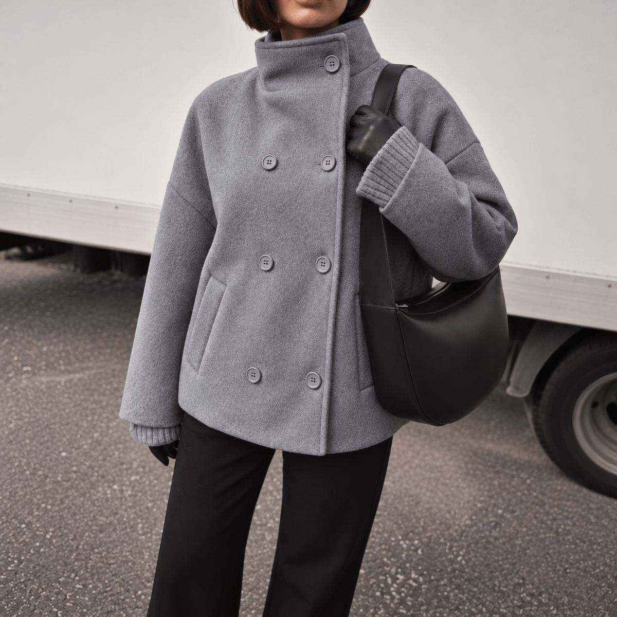 Harriet – Women’s Oversized Wide Collar Double-Breasted Cropped Jacket - Pea Coats - Gray - Sarvento