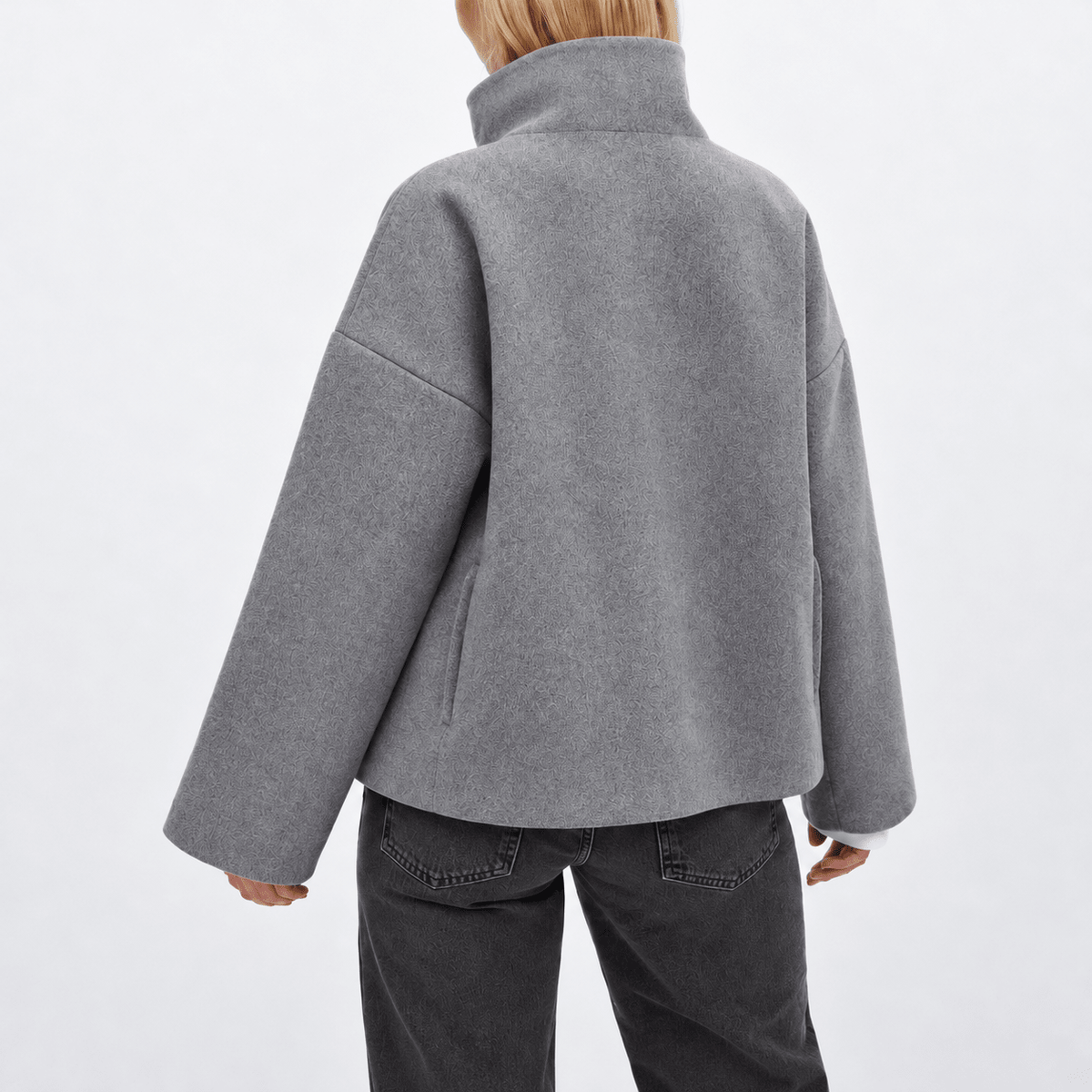 Harriet – Women’s Oversized Wide Collar Double-Breasted Cropped Jacket - Pea Coats - Gray - Sarvento