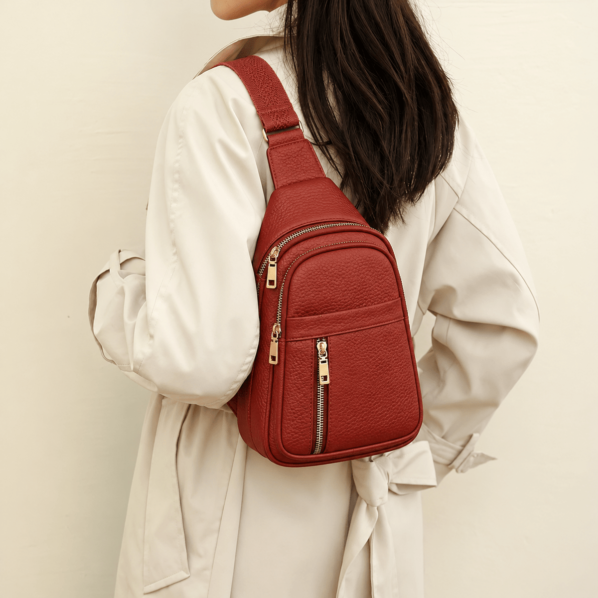Hazel - Women's Multi-Pocket Sling Bag with Woven Guitar Strap - Cross Body Bags - Red - Sarvento