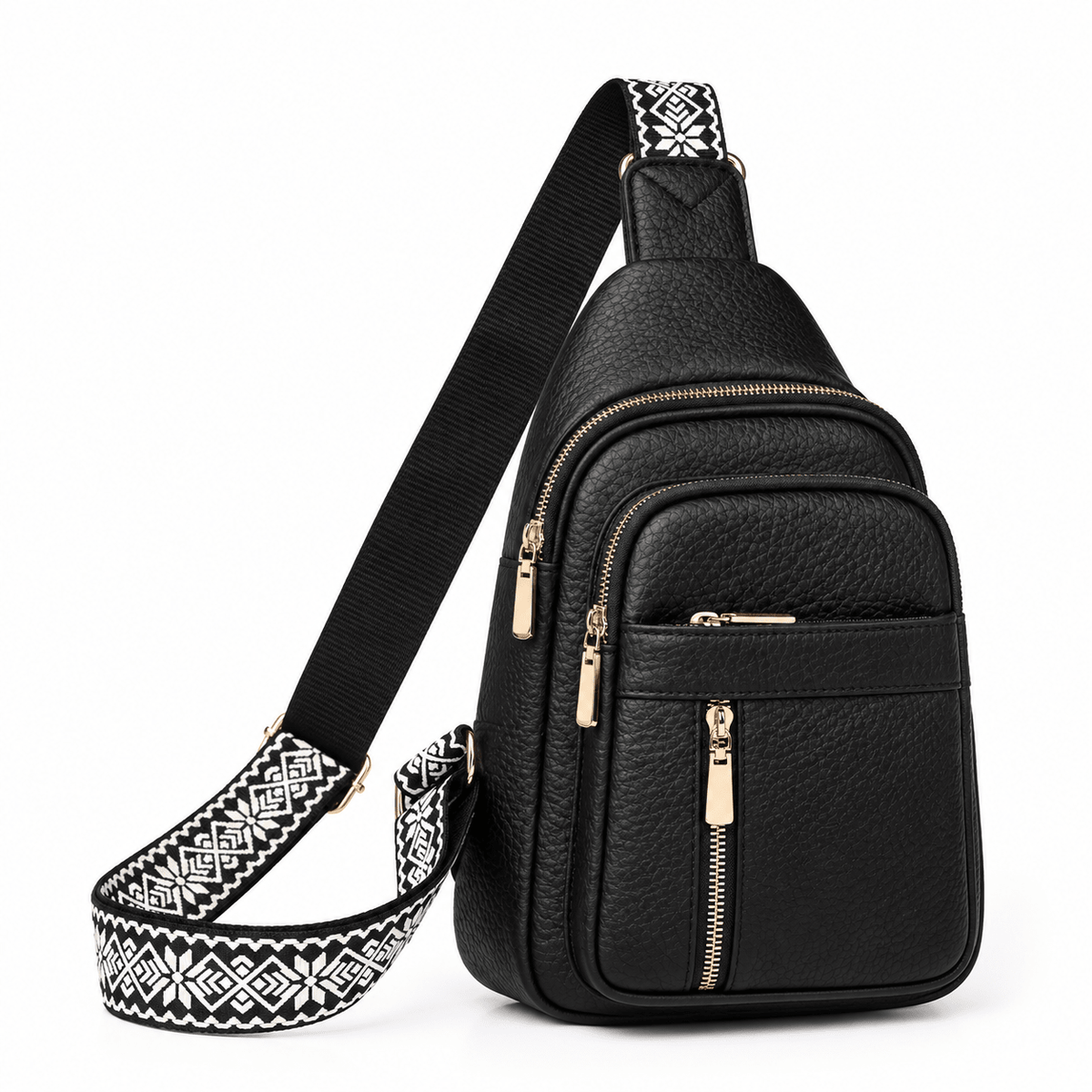 Hazel - Women's Multi-Pocket Sling Bag with Woven Guitar Strap - Cross Body Bags - Black - Sarvento