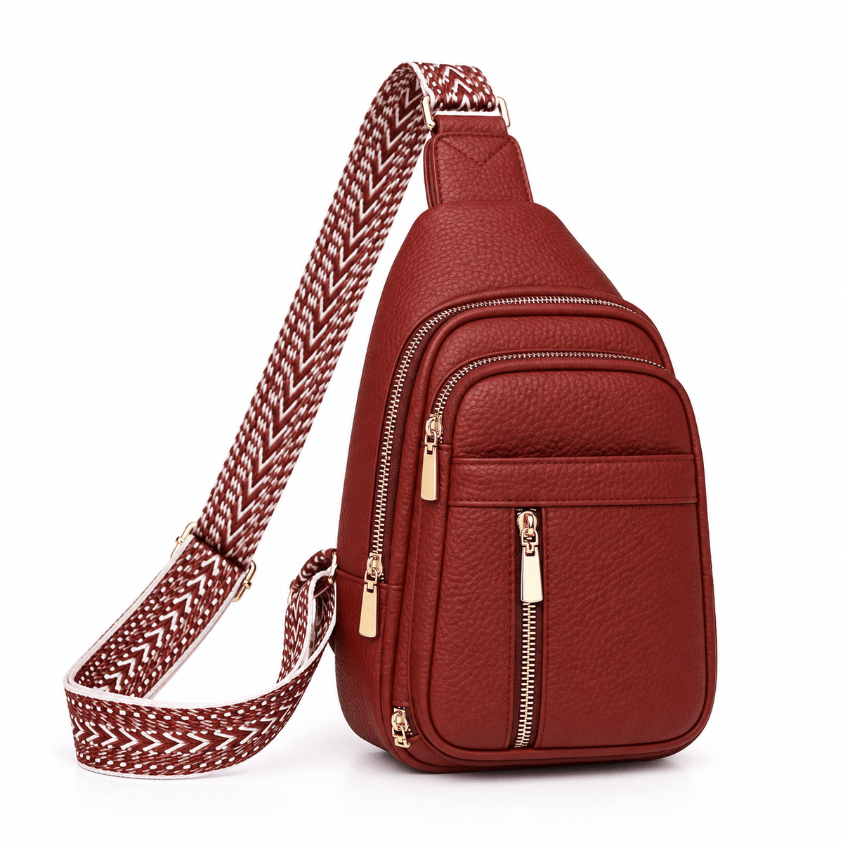 Hazel - Women's Multi-Pocket Sling Bag with Woven Guitar Strap - Cross Body Bags - Red - Sarvento