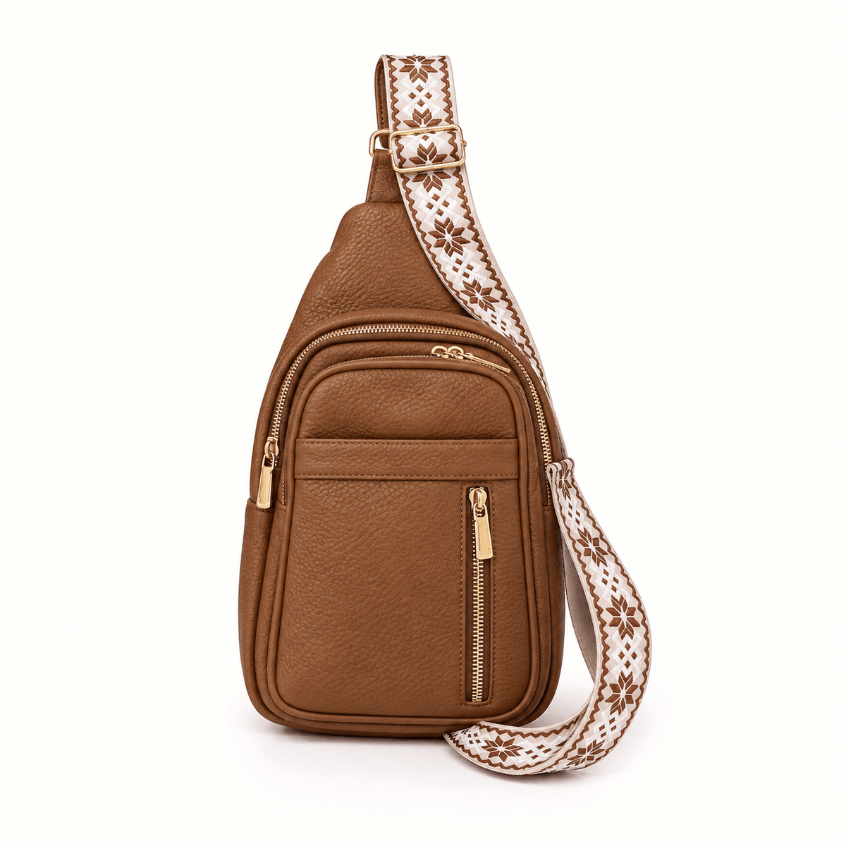 Hazel - Women's Multi-Pocket Sling Bag with Woven Guitar Strap - Cross Body Bags - Khaki - Sarvento