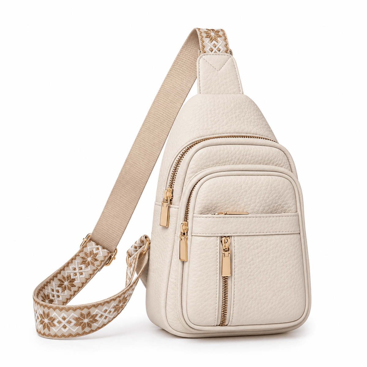Hazel - Women's Multi-Pocket Sling Bag with Woven Guitar Strap - Cross Body Bags - White - Sarvento