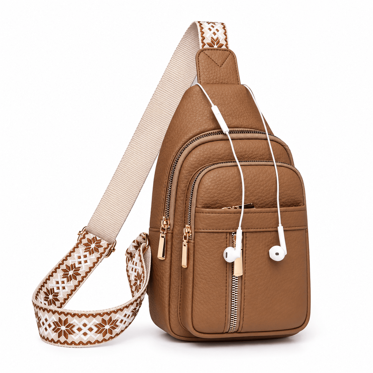 Hazel - Women's Multi-Pocket Sling Bag with Woven Guitar Strap - Cross Body Bags - Khaki - Sarvento