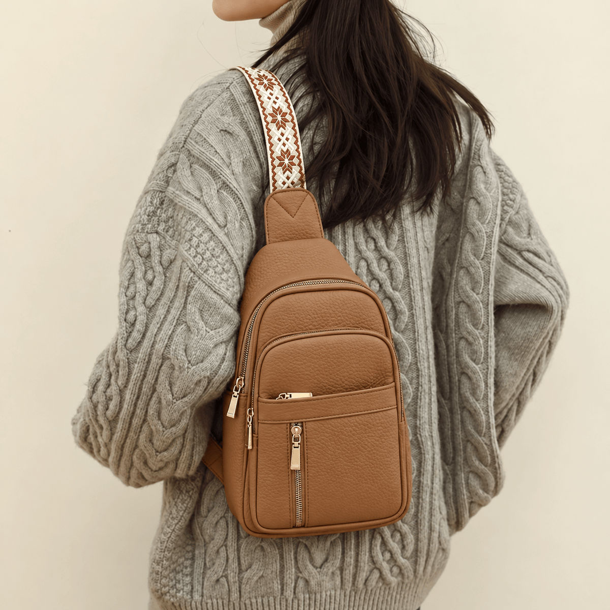 Hazel - Women's Multi-Pocket Sling Bag with Woven Guitar Strap - Cross Body Bags - Khaki - Sarvento