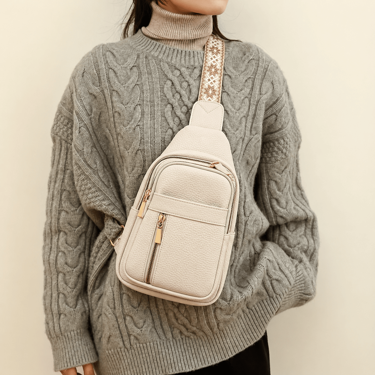 Hazel - Women's Multi-Pocket Sling Bag with Woven Guitar Strap - Cross Body Bags - White - Sarvento
