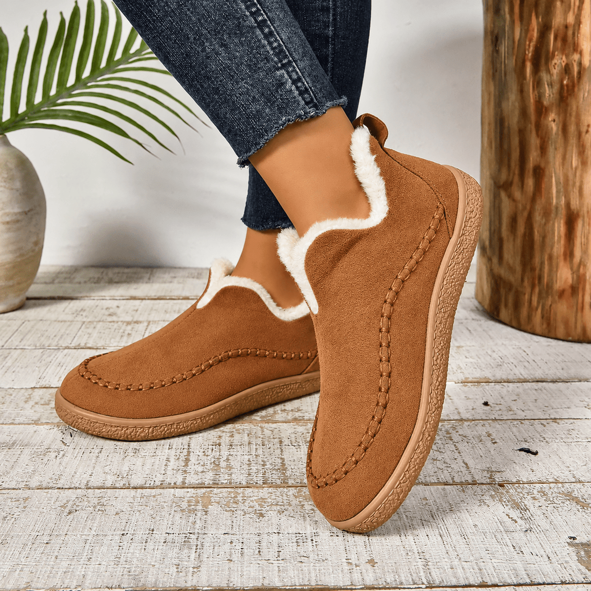 Hazel – Women’s Orthopaedic Faux Fur Lined Stitched Trim Moccasin Slippers - Slippers - Caramel - Sarvento