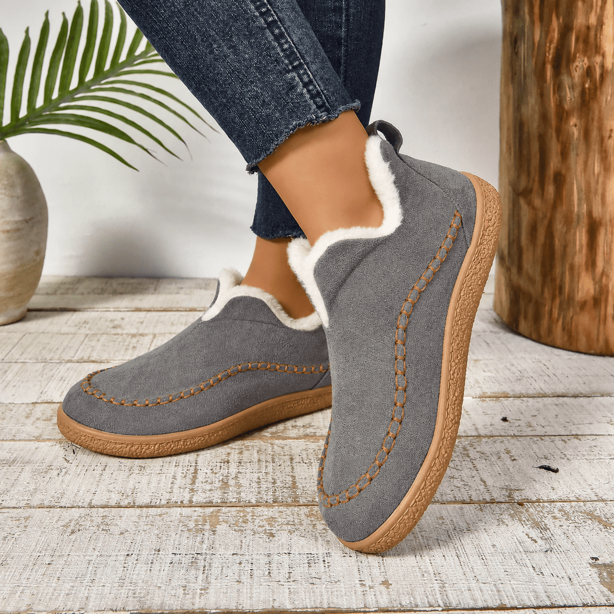 Hazel – Women’s Orthopaedic Faux Fur Lined Stitched Trim Moccasin Slippers - Slippers - Dark Gray - Sarvento