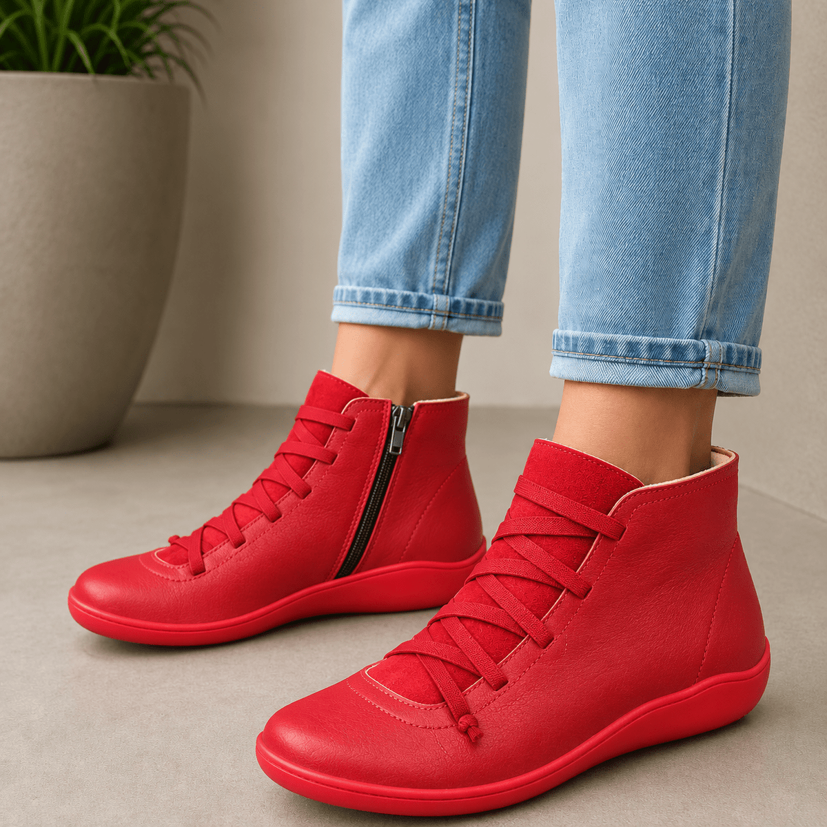 Hazel - Women's Orthopedic Lace-Up Ankle Boots with Side Zip - Boots - Red - Sarvento