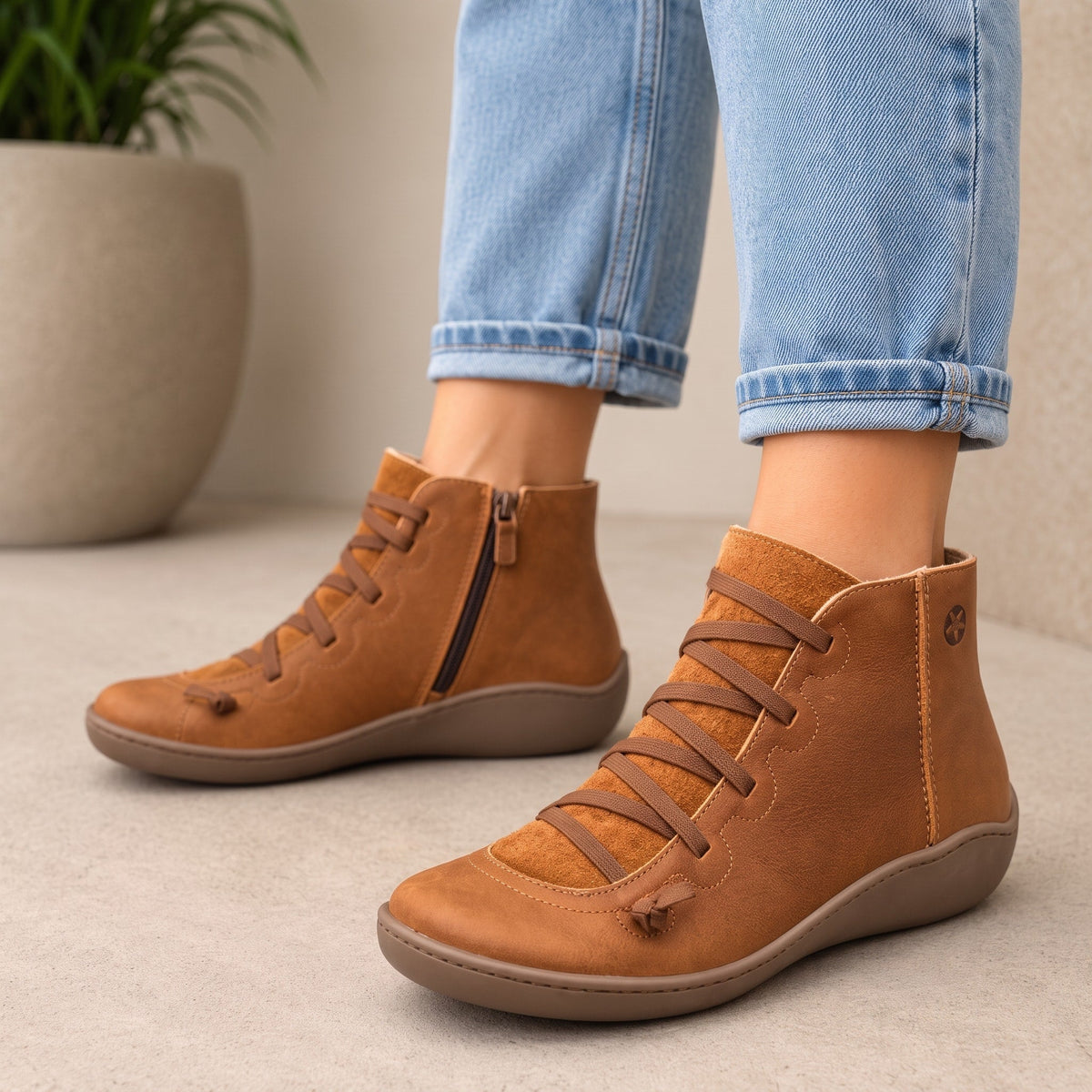 Hazel - Women's Orthopedic Lace-Up Ankle Boots with Side Zip - Boots - Brown - Sarvento