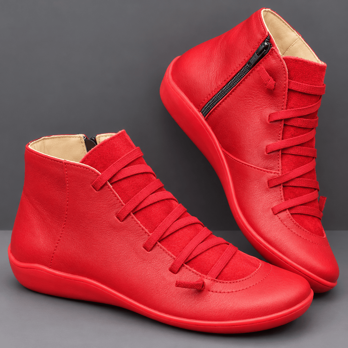 Hazel - Women's Orthopedic Lace-Up Ankle Boots with Side Zip - Boots - Red - Sarvento