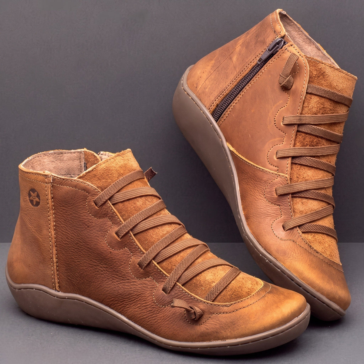 Hazel - Women's Orthopedic Lace-Up Ankle Boots with Side Zip - Boots - Brown - Sarvento