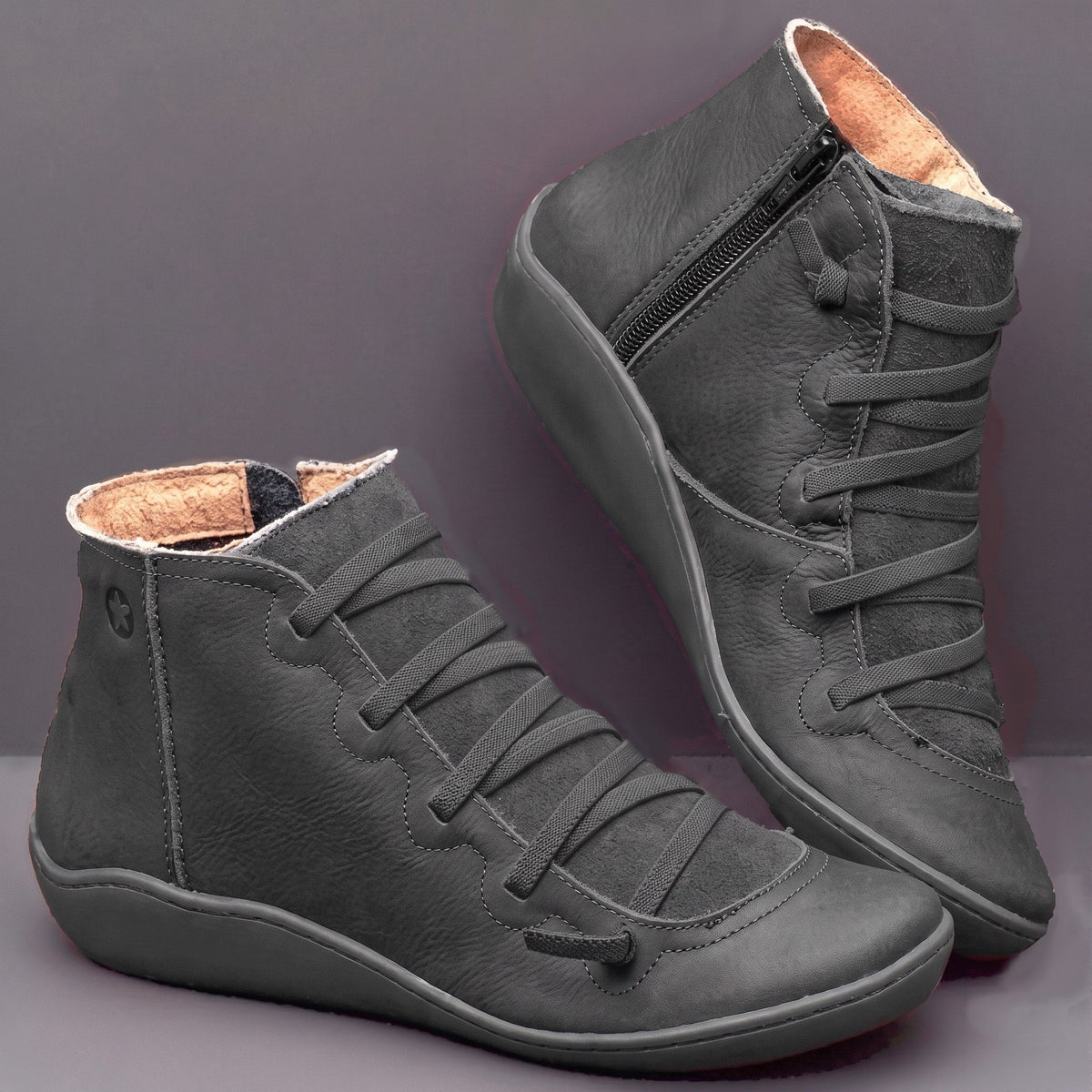 Hazel - Women's Orthopedic Lace-Up Ankle Boots with Side Zip - Boots - Black - Sarvento