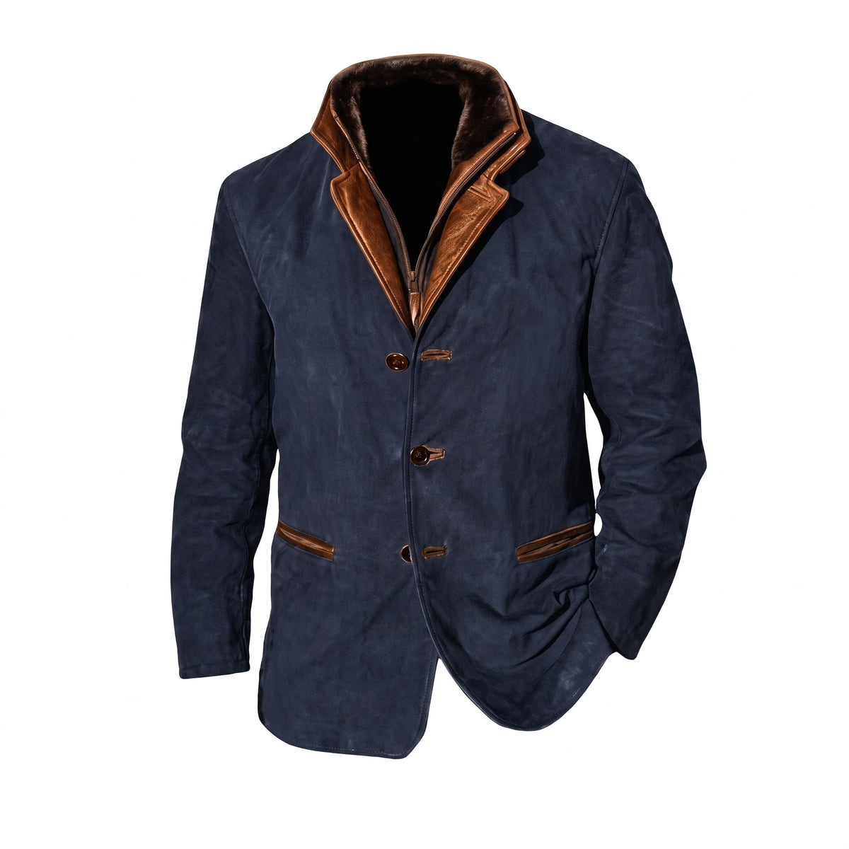 Hudson - Men's Tailored Button-Front Jacket with Contrast Stand Collar - Blazers - Navy Blue - Sarvento