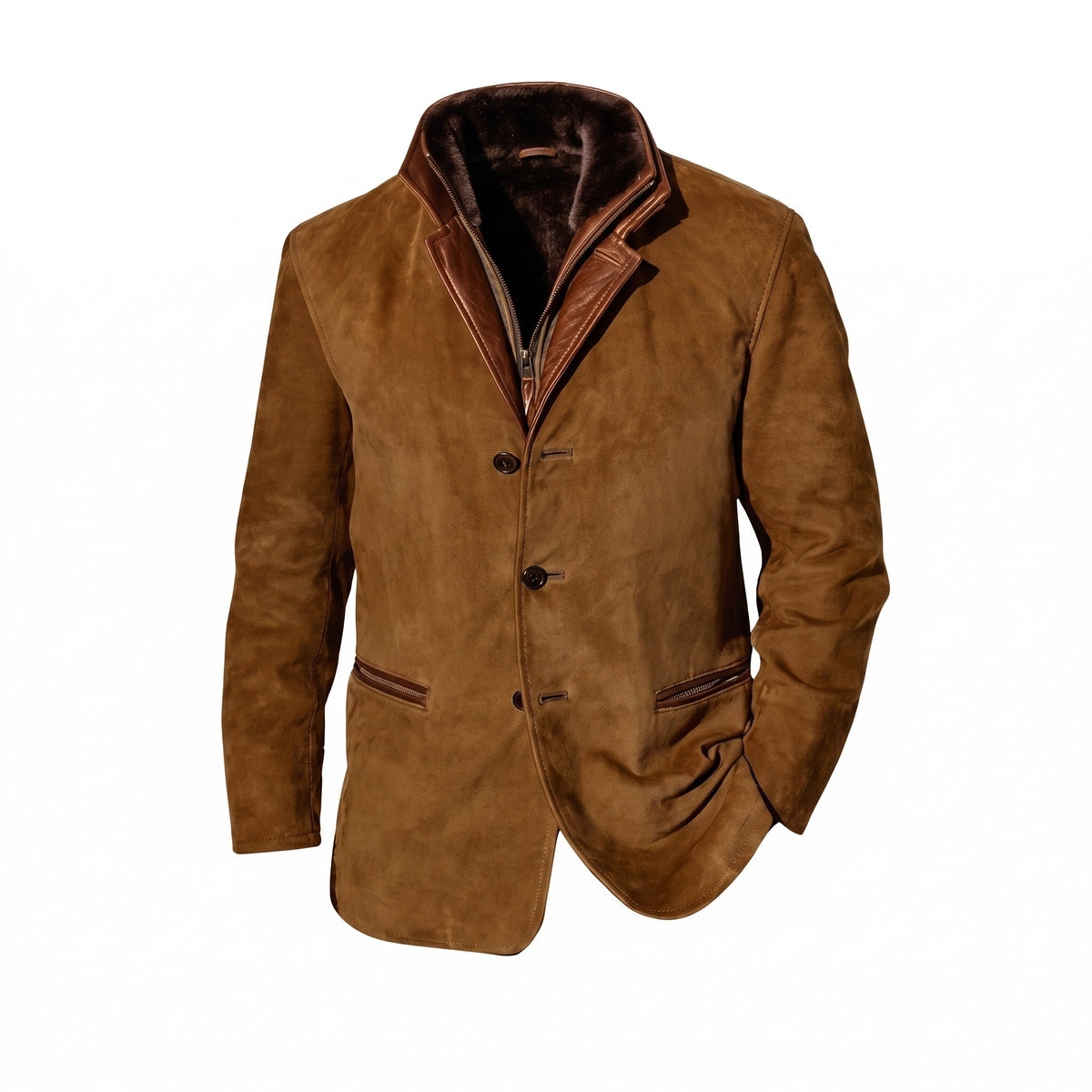 Hudson - Men's Tailored Button-Front Jacket with Contrast Stand Collar - Blazers - Brown - Sarvento